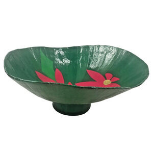 Vintage Thailand Green Red Flowers Bamboo Large Serving Pedestal Fruit Bowl